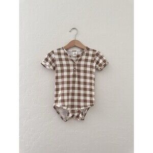 Larkspur Bamboo Baby Boys Girls Neutral Tan Plaid Checkered Bodysuit Size 12/18m